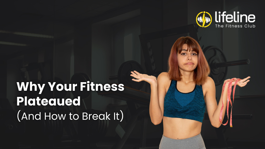 Woman in gym holding measuring tape, with text 'Why Your Fitness Plateaued'