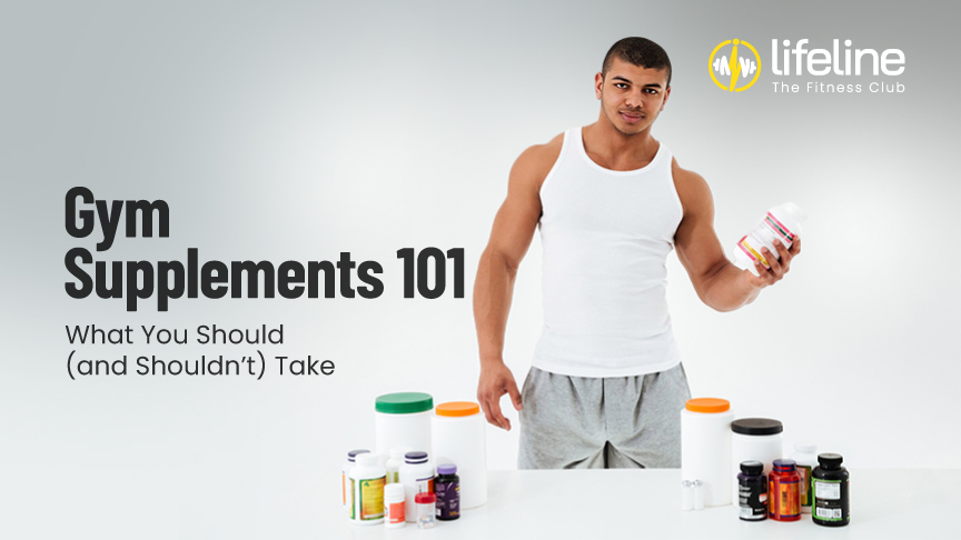 Man in gym wear holding a supplement bottle