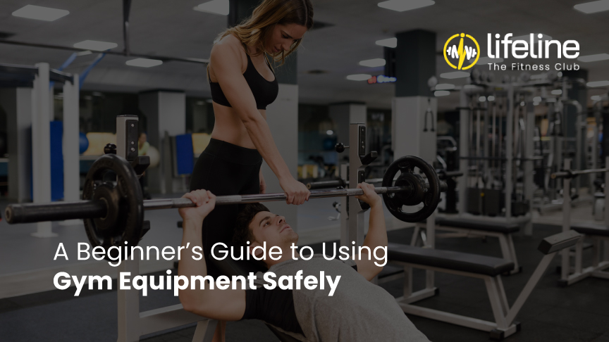 A female gym trainer assisting a male beginner