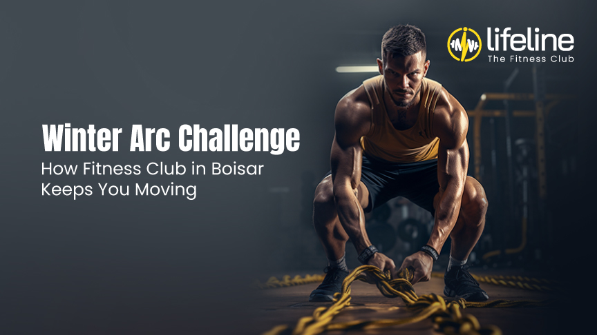 Man training with battle ropes during Winter Arc Challenge at Lifeline Fitness Club in Boisar