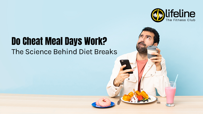 Man with coffee, phone, and cheat meal foods – Lifeline The Fitness Club banner on cheat meal days.