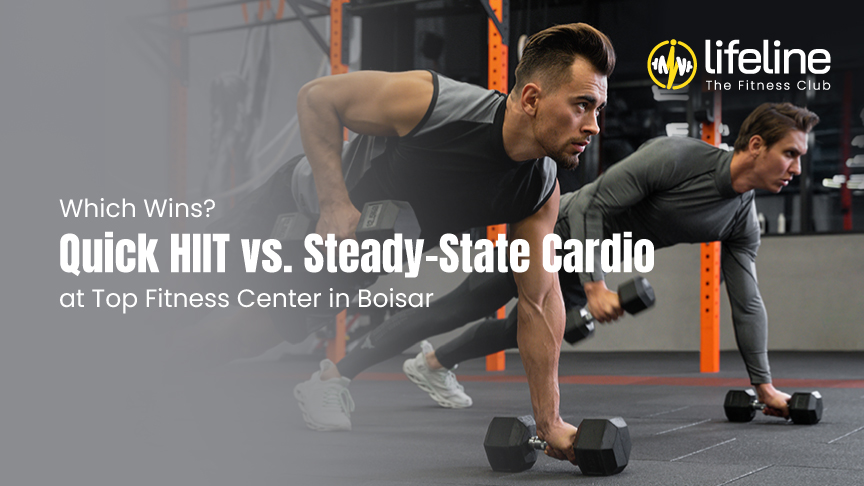 Men performing dumbbell push-up rows during HIIT session at Lifeline Fitness Center in Boisar