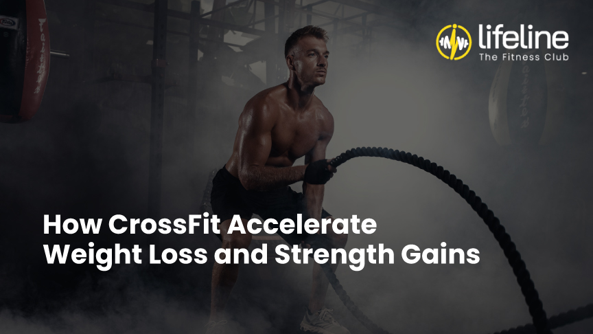 Man doing CrossFit battle rope workout – Lifeline The Fitness Club banner on weight loss and strength gains.
